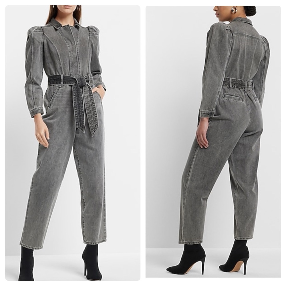 Express Puff Sleeve Tie Waist Gray Wash Denim Jumpsuit 6